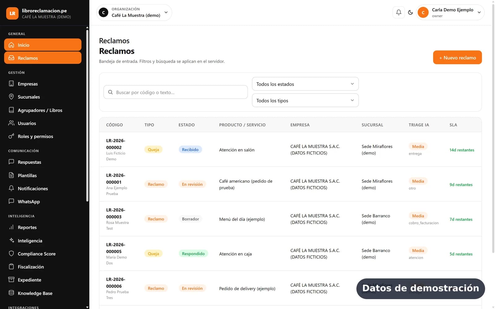 Bandeja de reclamos con estado, sede y plazo (datos de demostración)