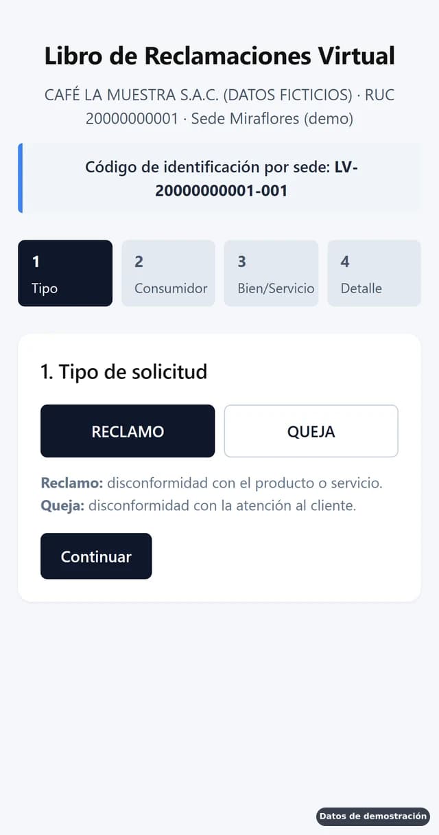 Formulario de reclamo en el celular (datos de demostración)